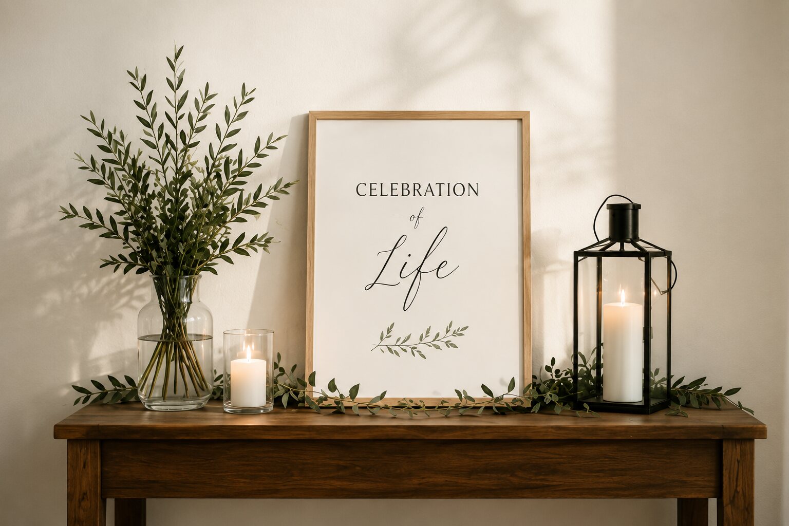 A 'Celebration of Life' sign framed on a table with candles and eucalyptus greenery