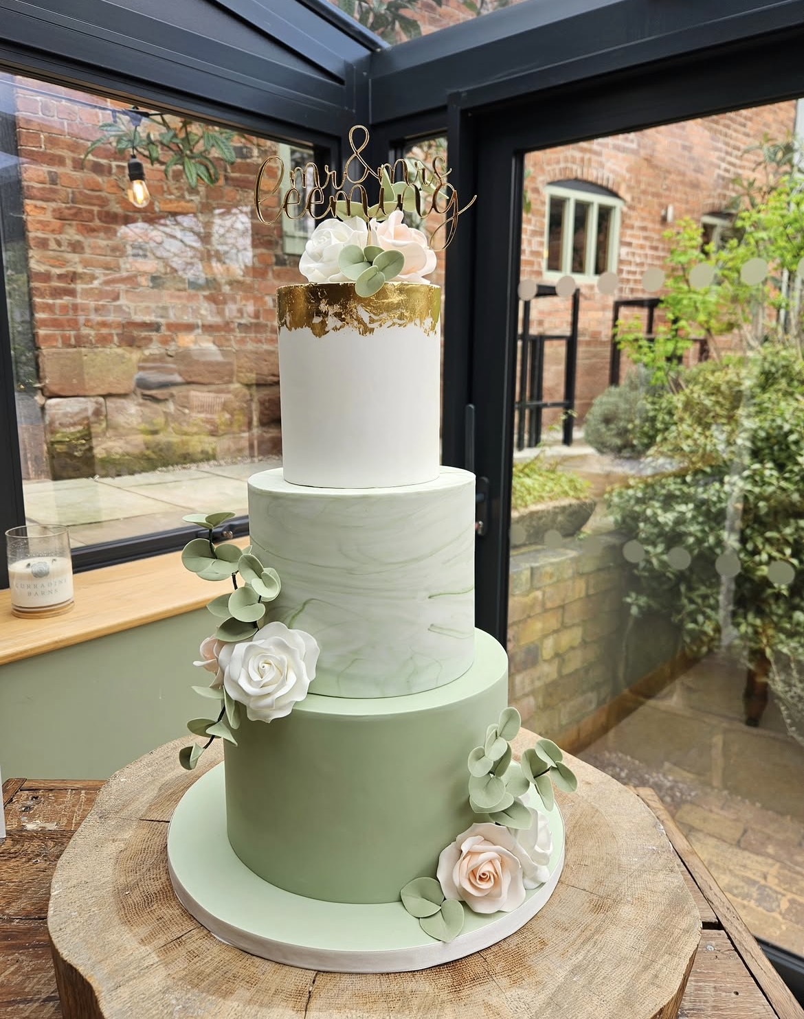 Three-tier sage green and marble wedding cake by Karen at Curradine Barns